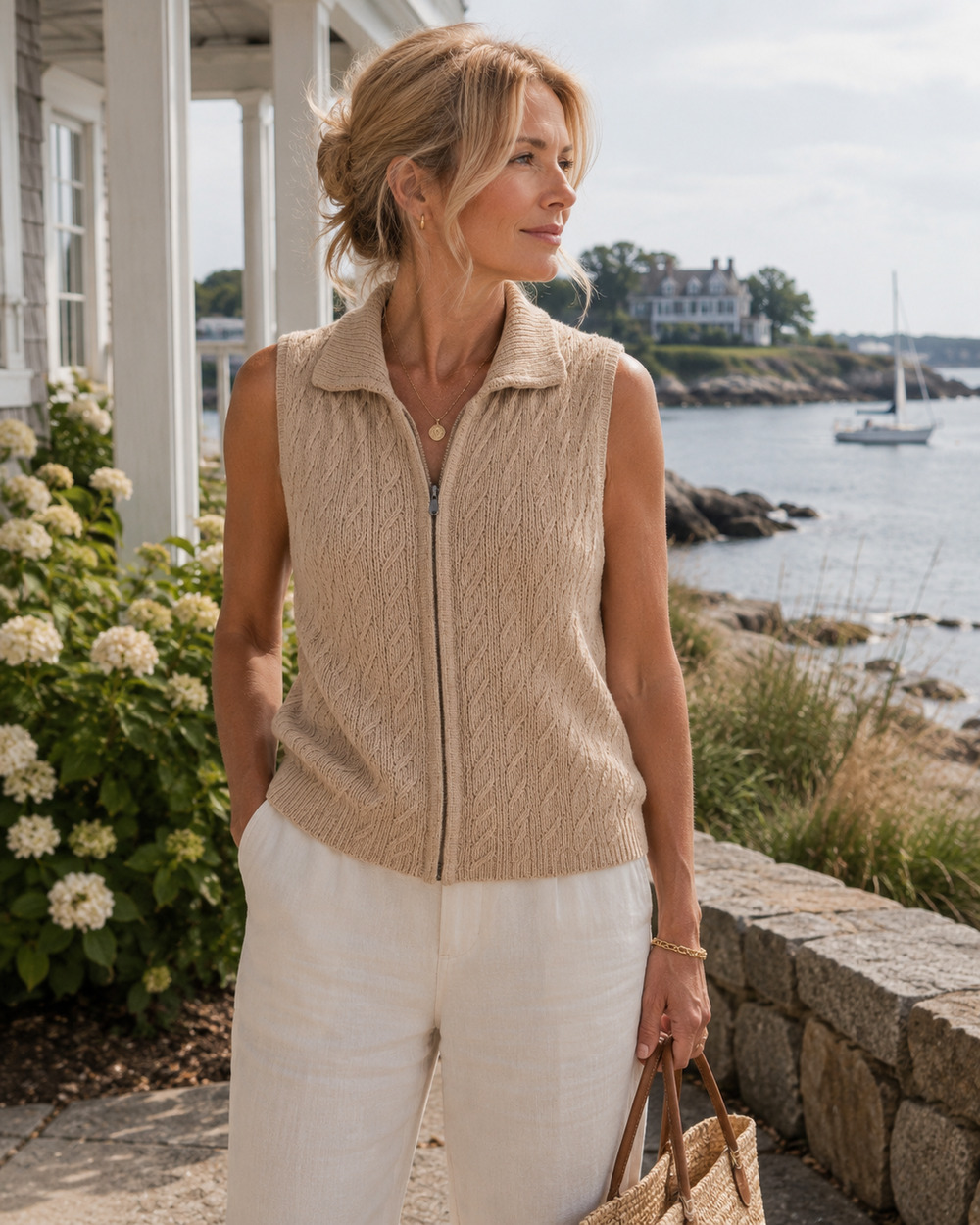 Vintage Cable Knit Sweater Vest Coastal Cottagecore Preppy Neutral Minimalist M
